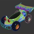 Cartoon Style Green Toy Car With Blue Spoiler Red Wheels And Frog Eyes