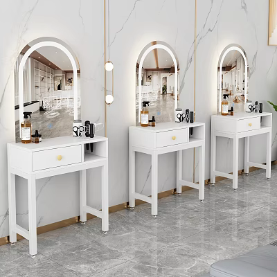 White Dressing Tables With Arched Mirrors Wall Lights And Skincare Bottles On Marble Wall Background 3d model