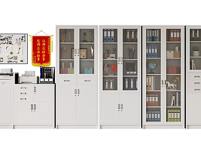 White Glass Door Bookcases With Books Folders Globe And Decorative Items 3d model