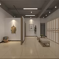 Modern Cloakroom Interior With Wooden Lockers Bench Plant Mirror Wall Art And Hanging Clothes