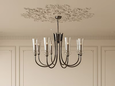 Elegant Chandelier With Glass Shades And Black Metal Frame On Ornate Ceiling And Decorative Walls 3d model