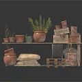 Herbs and Flowers Arrangement With Clay Pots Wooden Shelves Barrels And Jute Rugs