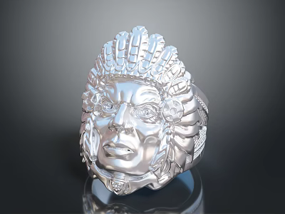 Silver Jewelry Ring Featuring Carved Native American Face With Feathered Headdress 3d model