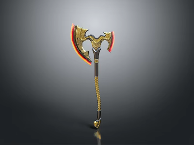 Ornate Fantasy Axe With Golden Accents Red Glowing Blade And Black Handle 3d model
