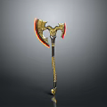 Ornate Fantasy Axe With Golden Accents Red Glowing Blade And Black Handle