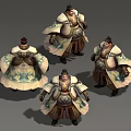 Ancient Traditional Armored Character Design Three Angles Front Side Back View With Patterned Costume 3d model