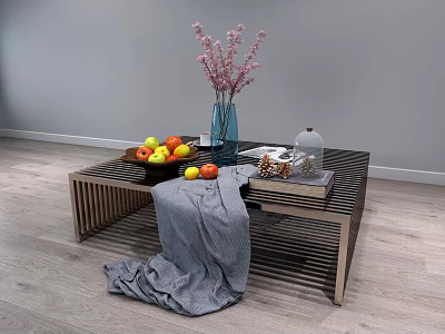 Modern Slatted Coffee Table With Pink Flower Vase Fruit Bowl Book And Gray Throw 3d model