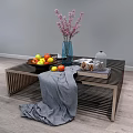 Modern Slatted Coffee Table With Pink Flower Vase Fruit Bowl Book And Gray Throw