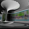 Modern Indoor Art Installation Featuring Geometric Cube Circular Elements And Green Backdrop With Light Effects 3d model