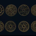 Intricate Circular Golden Wall Decor Set with Various Patterns on Navy Blue Background 3d model