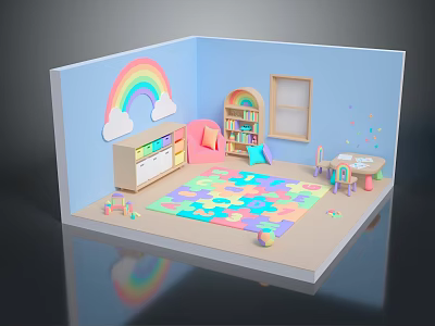 Cartoon Playroom Scene With Rainbow Clouds Bookshelf And Colorful Puzzle Mat Toys 3d model