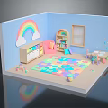 Cartoon Playroom Scene With Rainbow Clouds Bookshelf And Colorful Puzzle Mat Toys