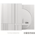 Modern Contemporary Interior Space With Round Mirror White Cabinet And Decorative Shelf