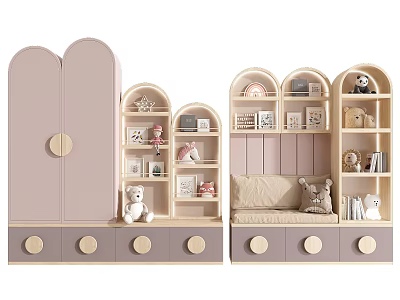 Kids Room Decorative Cabinet With Arched Tops Light Pink Beige Drawers Stuffed Toys And Books 3d model