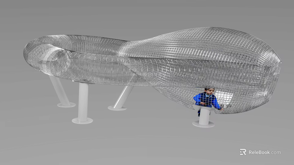Tech Exhibition Hall Featuring Streamlined Mesh Structure White Pillars and Person Interacting Digital Devices 3d model 