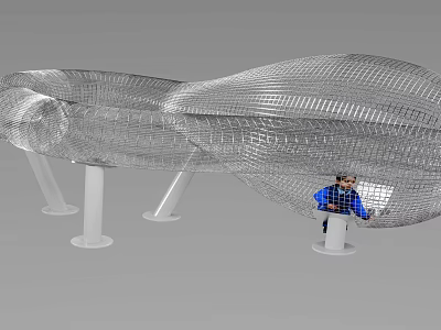 Tech Exhibition Hall Featuring Streamlined Mesh Structure White Pillars and Person Interacting Digital Devices 3d model