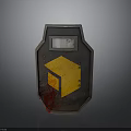 Tactical Metal Shield Weapon With Yellow Geometric Design Red Bloodstains And Transparent Viewing Window