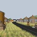 Scenic Countryside Landscape With Haystacks Round Roofed Huts And Wheat Fields Along The Road