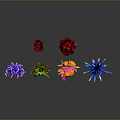 Multiple Colorful Abstract Flower Sculptures On Black Background With Clear Reflections