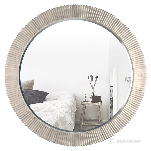 Round Textured Frame Mirror Reflecting Bedroom With Bed Pillows And Side Table Vase 3d model 