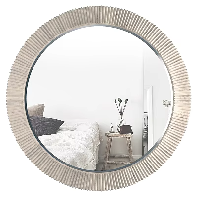 Round Textured Frame Mirror Reflecting Bedroom With Bed Pillows And Side Table Vase 3d model