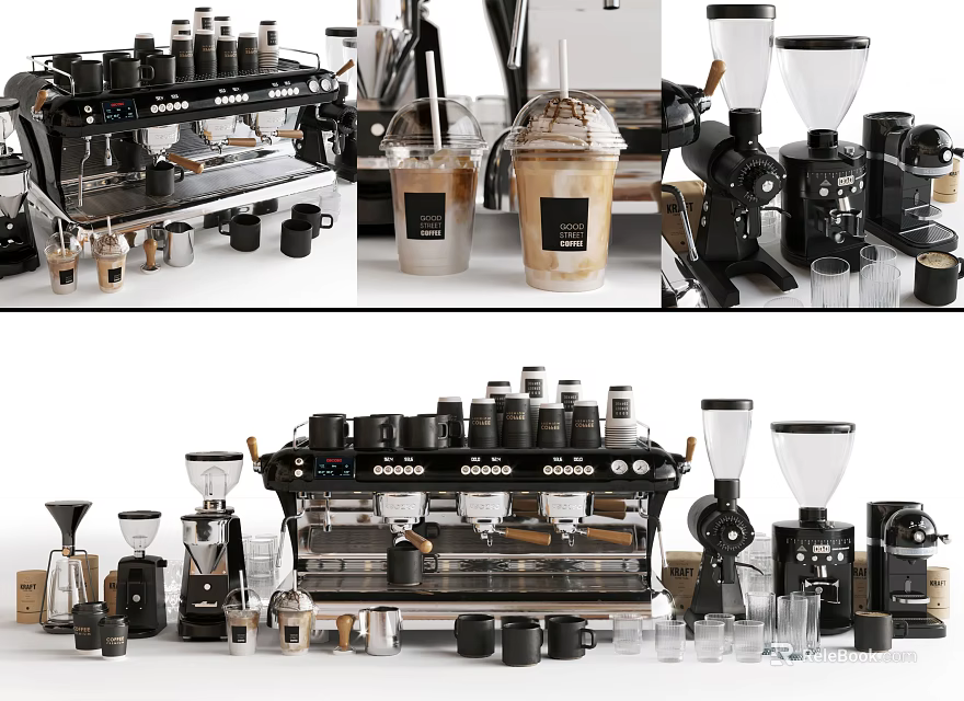 Professional Coffee Kitchen Appliances Including Espresso Machines Grinders And Cups 3d model 
