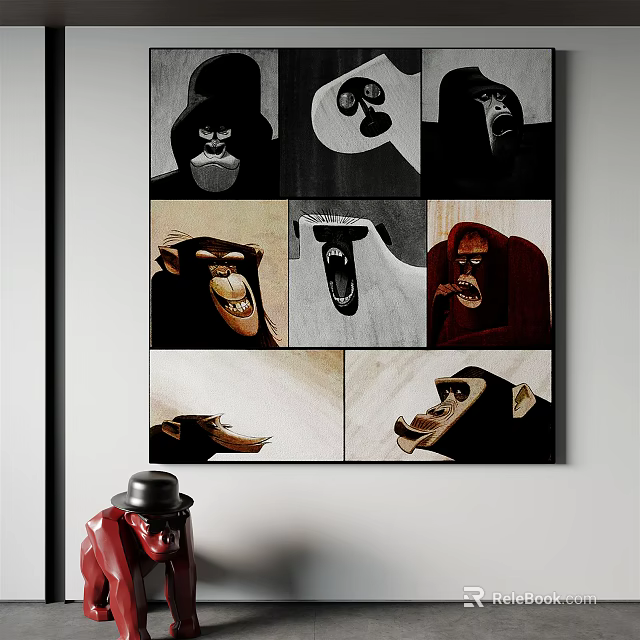 Monkey Face Expression Wall Art Multiple Panels Black White Red Tones Modern Home Decor 3d model 