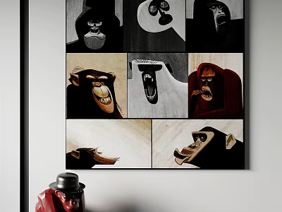 Monkey Face Expression Wall Art Multiple Panels Black White Red Tones Modern Home Decor 3d model