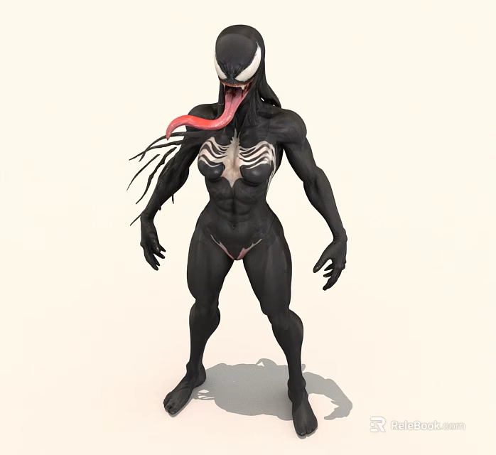 Venom Inspired Black Muscular Humanoid With White Skeletal Patterns And Long Tongue 3d model 