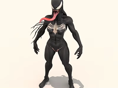 Venom Inspired Black Muscular Humanoid With White Skeletal Patterns And Long Tongue 3d model