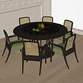 Modern Round Dining Table With Black Tabletop And Six Rattan Backrest Green Cushioned Chairs