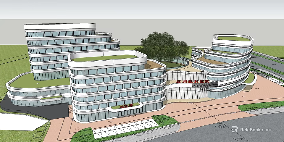 Modern Multi Storey Hospital Building With Glass Curtain Walls Green Roofs And Surrounding Greenery 3d model 