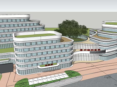 Modern Multi Storey Hospital Building With Glass Curtain Walls Green Roofs And Surrounding Greenery 3d model