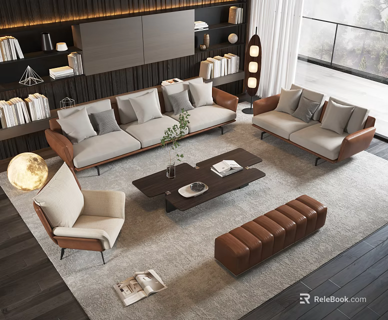 Modern Living Room Interior With Comfortable Sofa And Coffee Table Set Accent Chair Bookshelf And Floor Lamp 3d model 