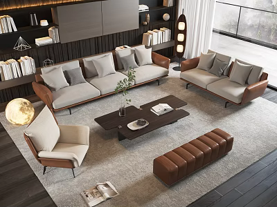 Modern Living Room Interior With Comfortable Sofa And Coffee Table Set Accent Chair Bookshelf And Floor Lamp 3d model