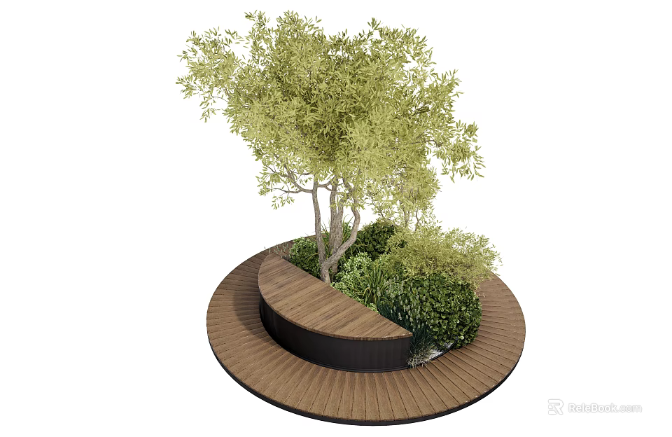 Comfortable Outdoor Chair On Circular Wooden Platform With Trees And Bushes 3d model 