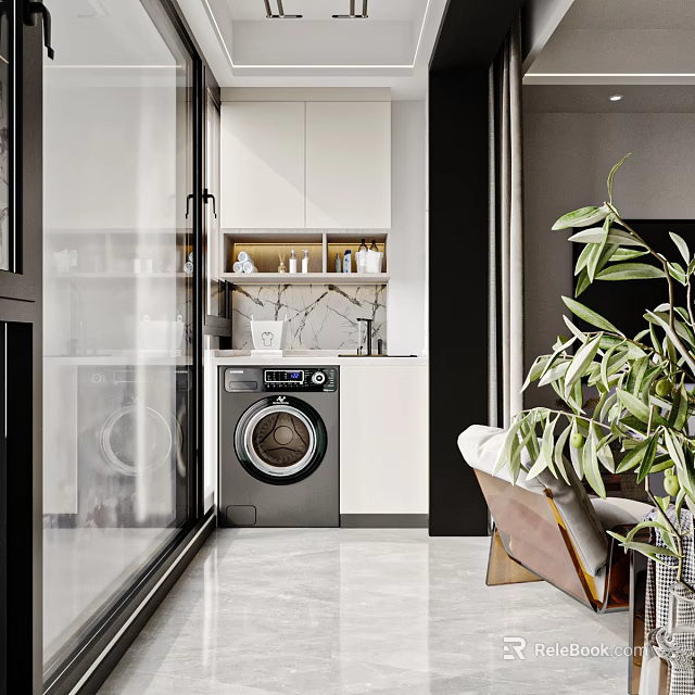 Home Balcony Design With Laundry Area Marble Countertop Cabinets Green Plants And Seating 3d model 