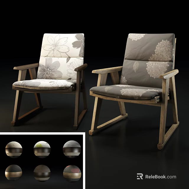 Modern Leisure Accent Chairs With Wooden Frame And Floral Pattern Gray Beige Cushions 3d model 
