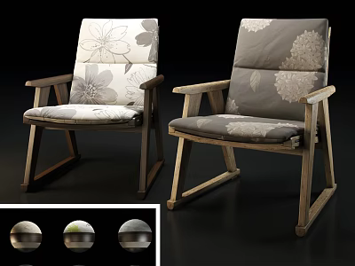 Modern Leisure Accent Chairs With Wooden Frame And Floral Pattern Gray Beige Cushions 3d model
