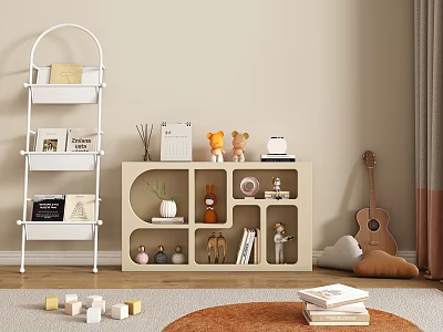 Teddy Bears On Wooden Display Shelf In Cozy Living Room With Books And Guitar 3d model