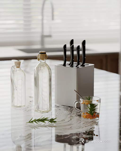 Modern Decorative Ornament Set With Transparent Cork Topped Bottles Silver Knife Block And Fruit Cup 3d model 