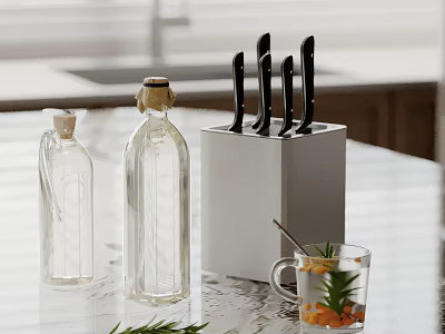 Modern Decorative Ornament Set With Transparent Cork Topped Bottles Silver Knife Block And Fruit Cup 3d model