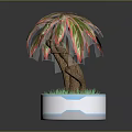 Decorative Indoor Plant With Red Green Leaves Twisted Trunk In Silver Pot With Green Grass
