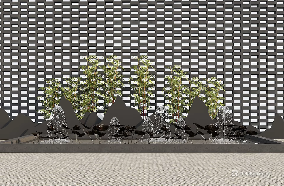 Decorative Garden Ornament with Green Plants Rockery Water Features and Grid Wall on Paved Ground 3d model 