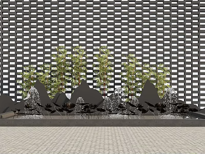 Decorative Garden Ornament with Green Plants Rockery Water Features and Grid Wall on Paved Ground 3d model