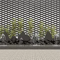 Decorative Garden Ornament with Green Plants Rockery Water Features and Grid Wall on Paved Ground