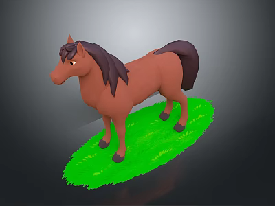 Brown Cartoon Horse Standing On Green Grass Field With Animated Design 3d model