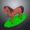 Brown Cartoon Horse Standing On Green Grass Field With Animated Design