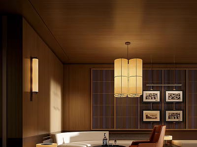 Hotel Public Lounge Area With Wooden Ceiling Pendant Light Sofa And Decorative Paintings 3d model