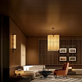 Hotel Public Lounge Area With Wooden Ceiling Pendant Light Sofa And Decorative Paintings